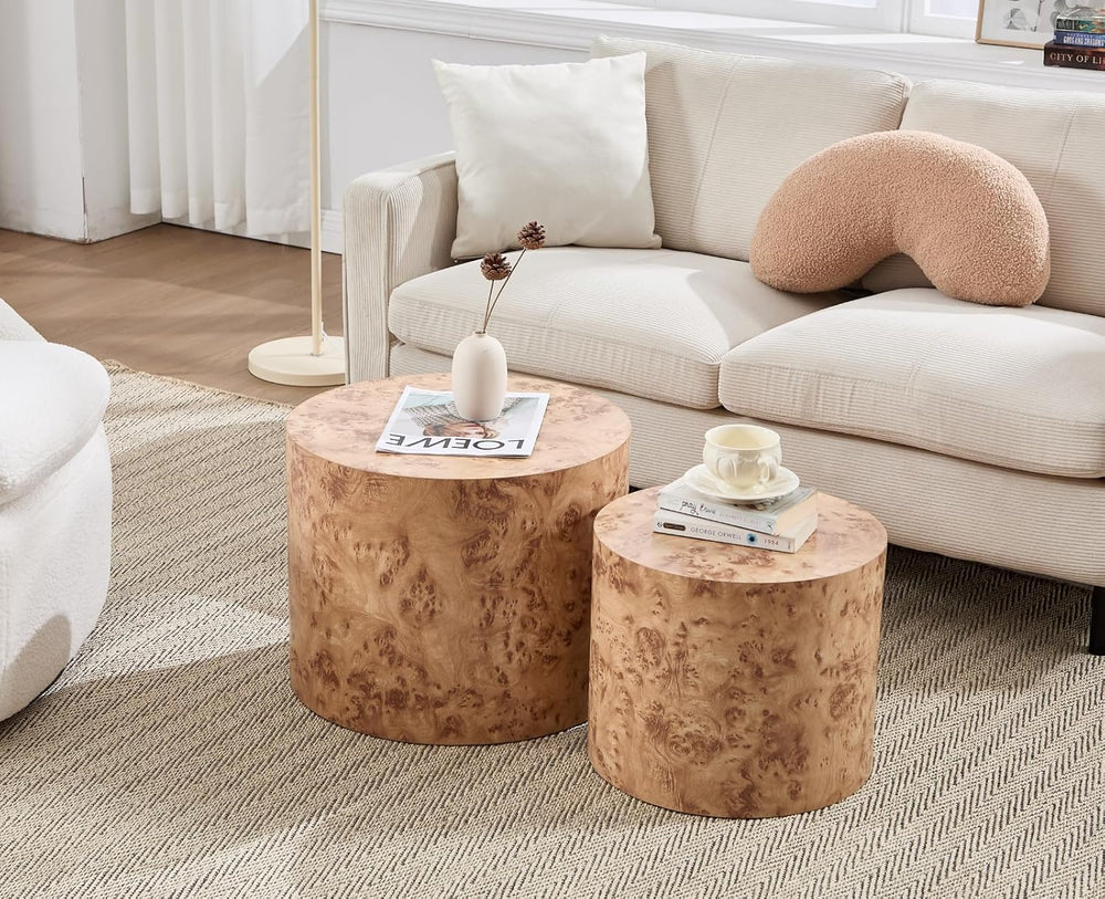 CIMOTA Round Wood Nesting Coffee Table Set of 2, Modern Circle Travertine End...