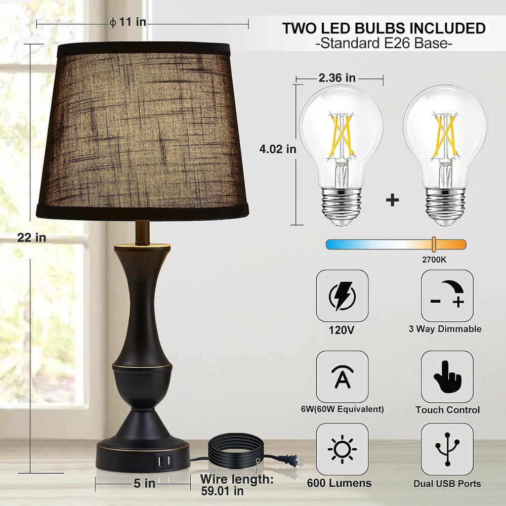 Luvkczc Black Touch Table Lamps Set of 2, 22" Tall Bedside Lamps