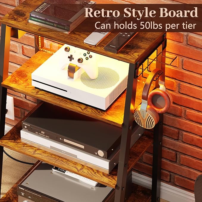 4-Tier AV Media Stand with Power Strips, Heavy Duty Stereo Cabinet Stand with...