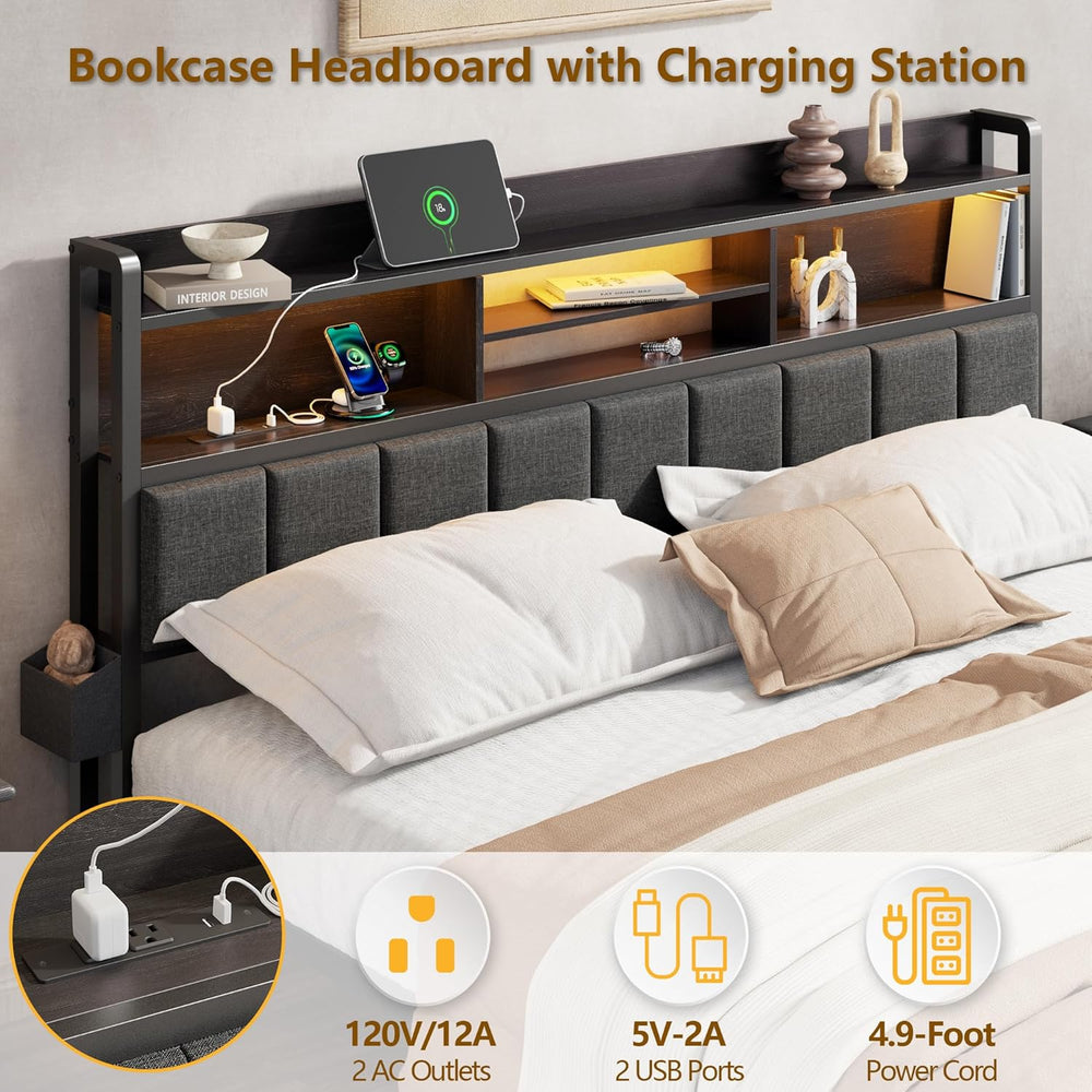 Furnulem Full Size Bed Frame with Headboard, Drawers, Charging Station, LED