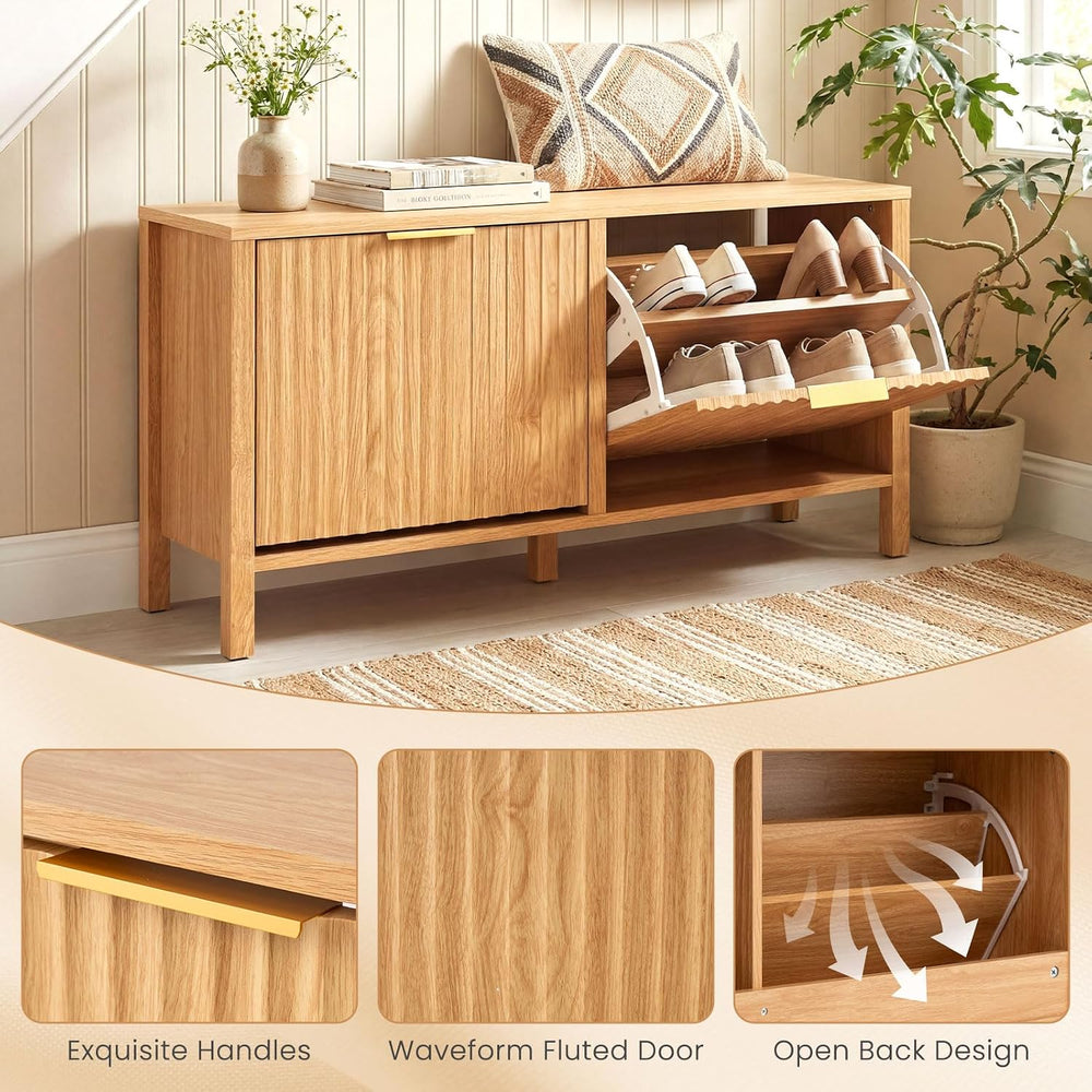 Giantex Shoe Storage Bench with 2 Flip Drawers, Wooden Entryway Bench with St...