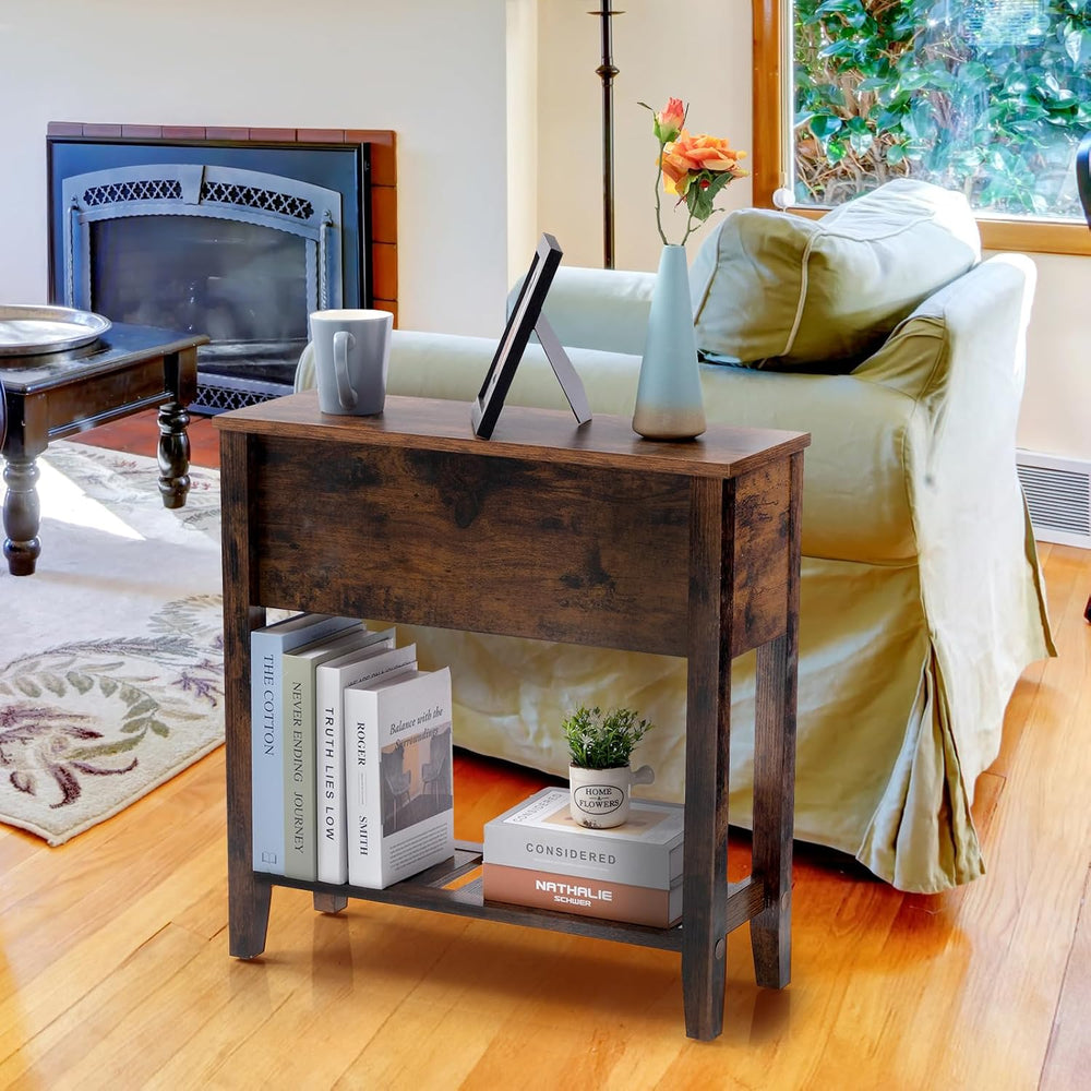 Brown Chairside Narrow End Table, Solid Wood Recliner Side Table with Drawer,...