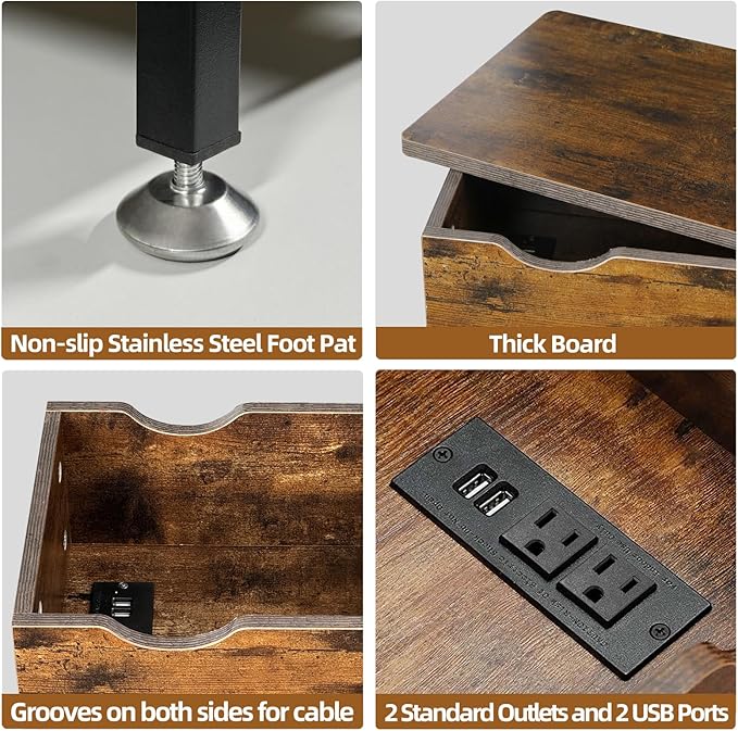 Rotating Top End Table with Charging Station, Side Table with USB Ports and O...