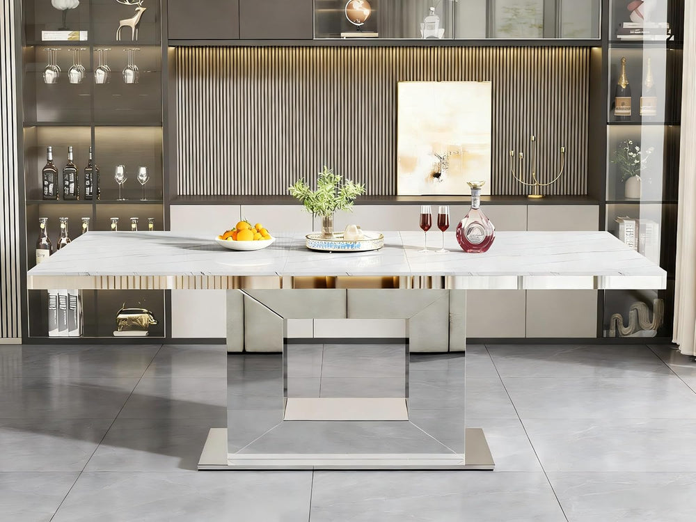 94 in Large Extendable Dining Table for 6 8 10, White Marble Pattern Top &...