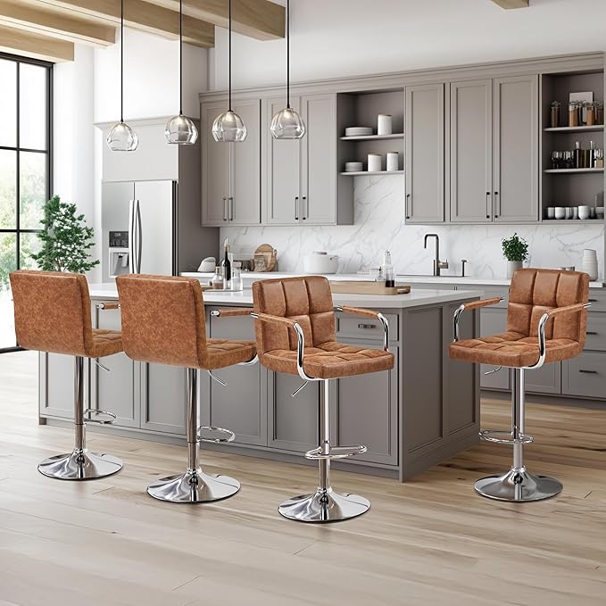 Yaheetech Bart Stools Set of 4, PU Leather Adjustable Barstools with Armrest,...