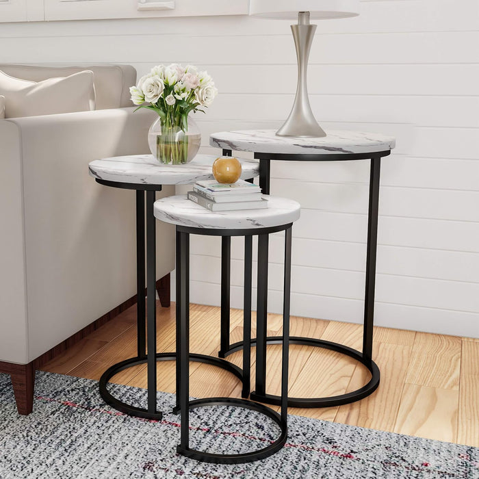 Lavish Home Round Nesting Tables Set of 3, Faux Marble Tabletop, White | 25”H / 22.5”H / 20.25”H Modern Side Tables, Space Saving Accent Table Set, for Living Room, Bedroom, Dorm or Home Office