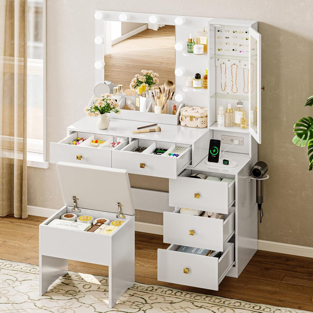 Vanity Desk with Mirror and Lights, White Makeup Vanity with 5 Drawers Hidden...
