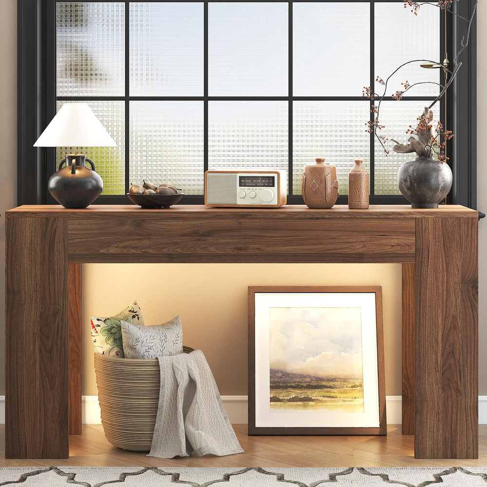 knoworld 63-Inch Long Console Table with LED Light, Farmhouse Sofa Table Behi...