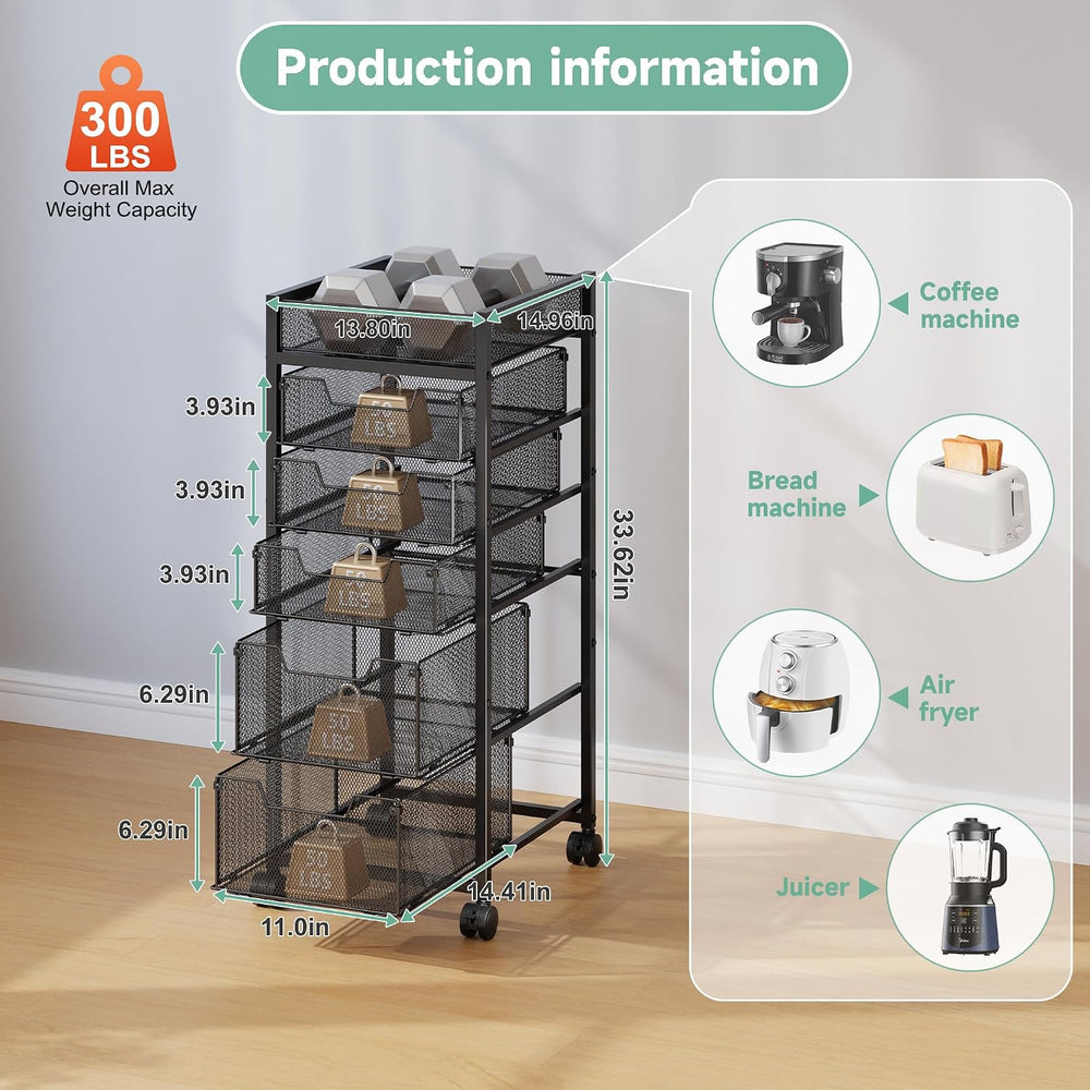 6-Tier Rolling Cart with 5 Drawers & Top Basket, Snack Cart with Wheels |...