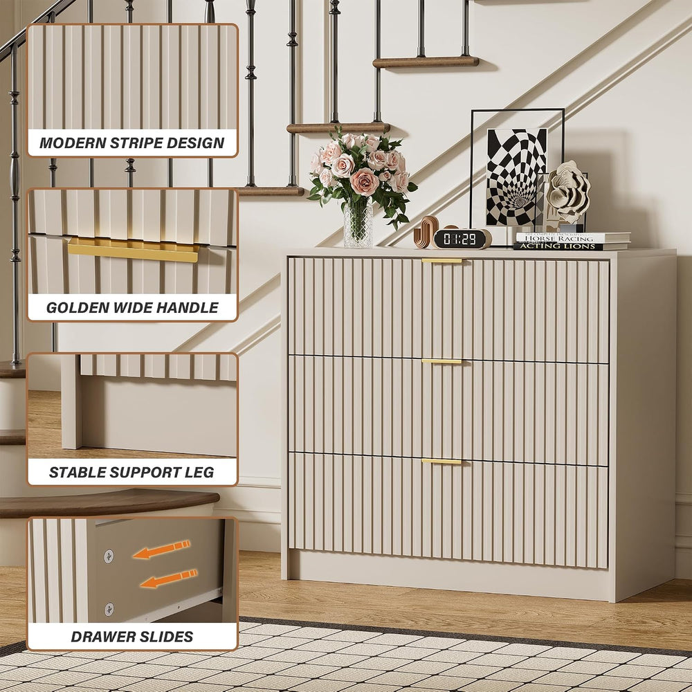Beige 3 Drawer Modern Fluted Dresser for Bedroom with Gold Handles