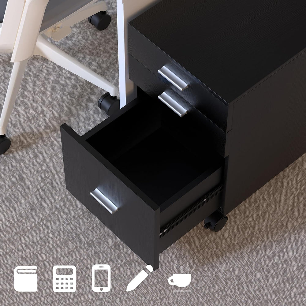 3 Drawer Storage Cabinet,Preassembled Black Wooden Organizer for Files,Under ...