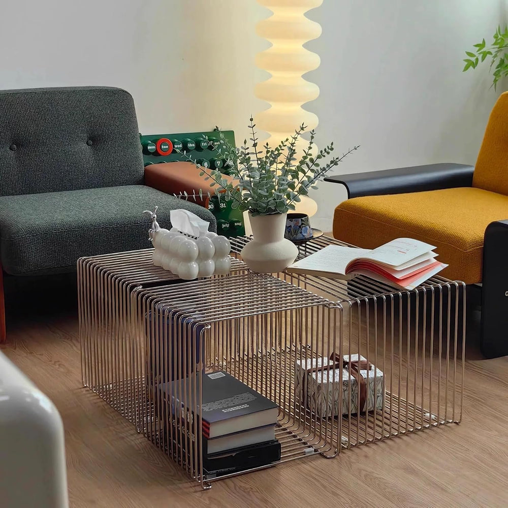 304 Stainless Steel Side Table,Square Geometry Retro Side Table Linear Metal ...