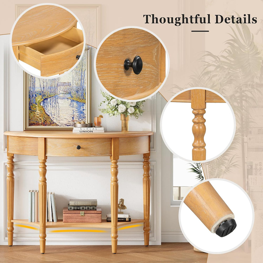 LKTART Vintage Half Moon Console Table with Solid Pinewood Frame & Legs, ...