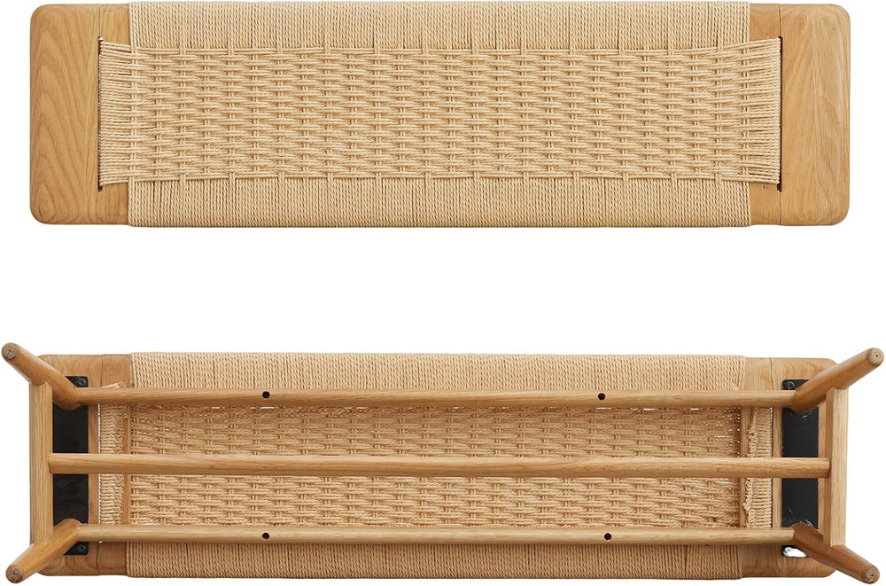 47 Inch Boho Dining Bench Solid Oak with Hand Woven Rattan - Skinny Narrow Be...