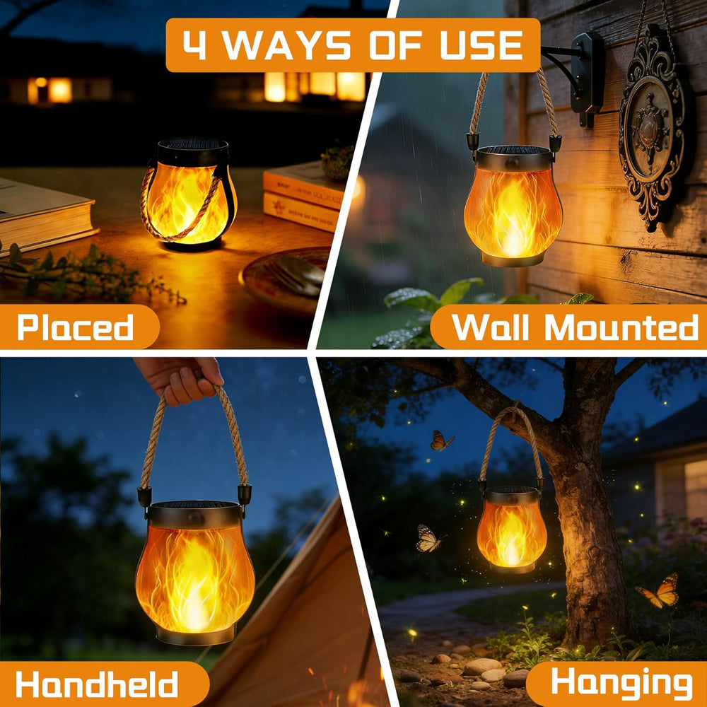 2 Pack Solar Lanterns Outdoor Waterproof, Flickering Flame Hanging Lanterns