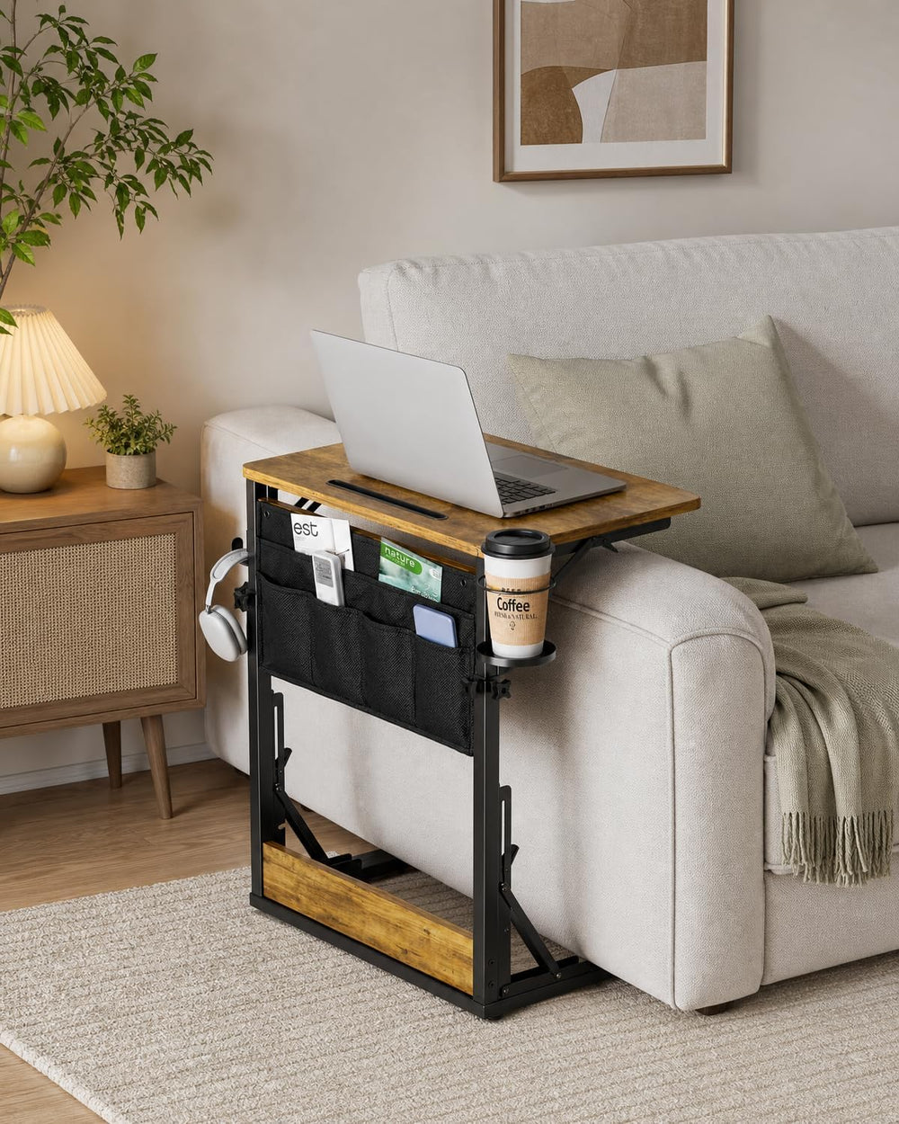 HUANUO Adjustable TV Tray Table with Cup Holder, Storage Bag & Tablet Slot