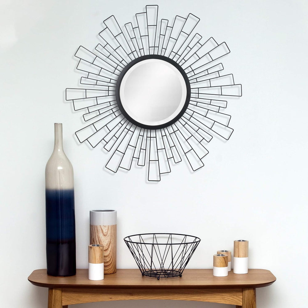 Stonebriar Round 23.5" Black Geometric Metal Sunburst Wall Mirror with A...