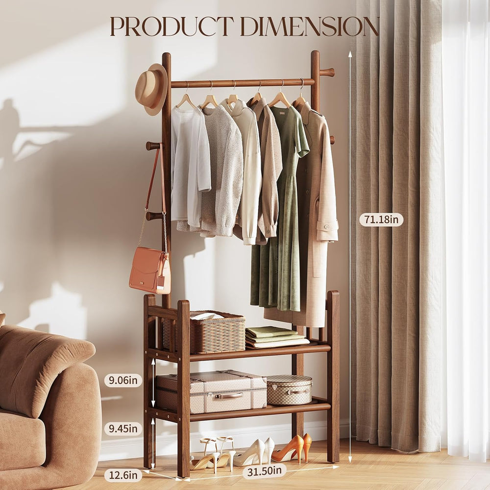 Solid Wood Clothing Rack with Shelves - Coat Rack Freestanding with 6 Hooks L...