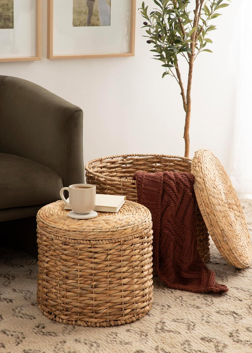Kate and Laurel Halm Modern Woven Rattan Round Storage Side Tables, Set of 2,...