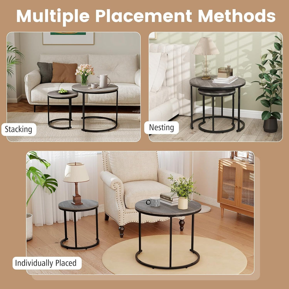 Giantex Nesting Coffee Table Set of 2, Round Stacking Side Tables with Wooden...