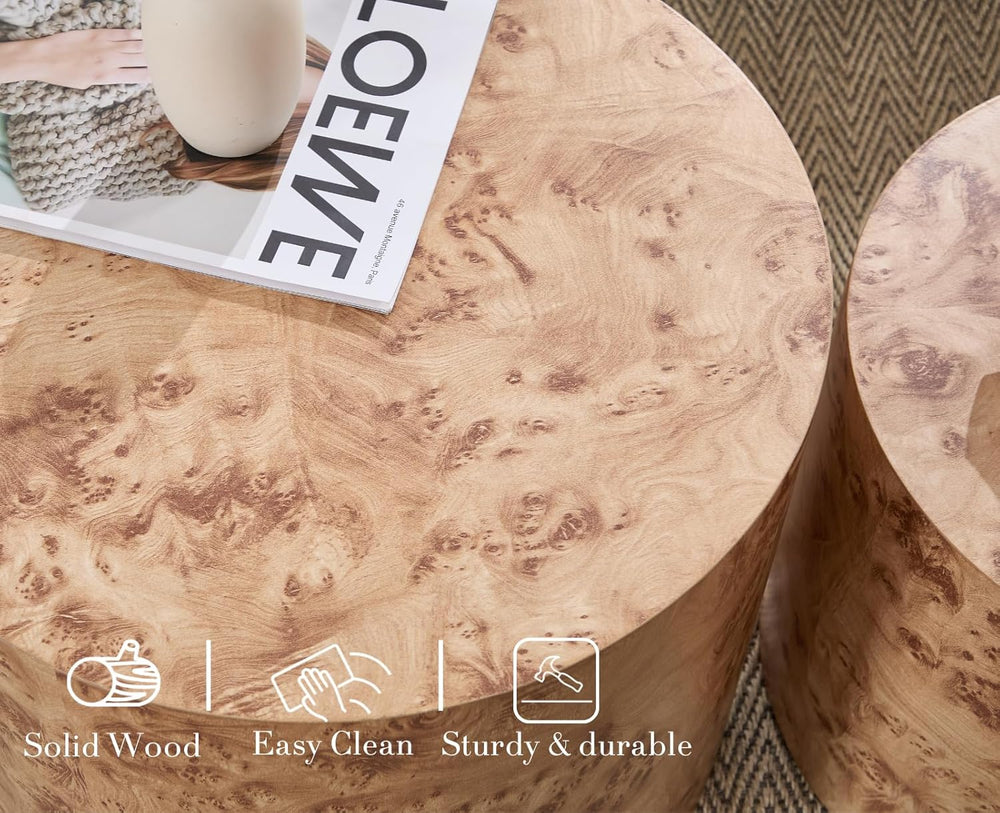 CIMOTA Round Wood Nesting Coffee Table Set of 2, Modern Circle Travertine End...