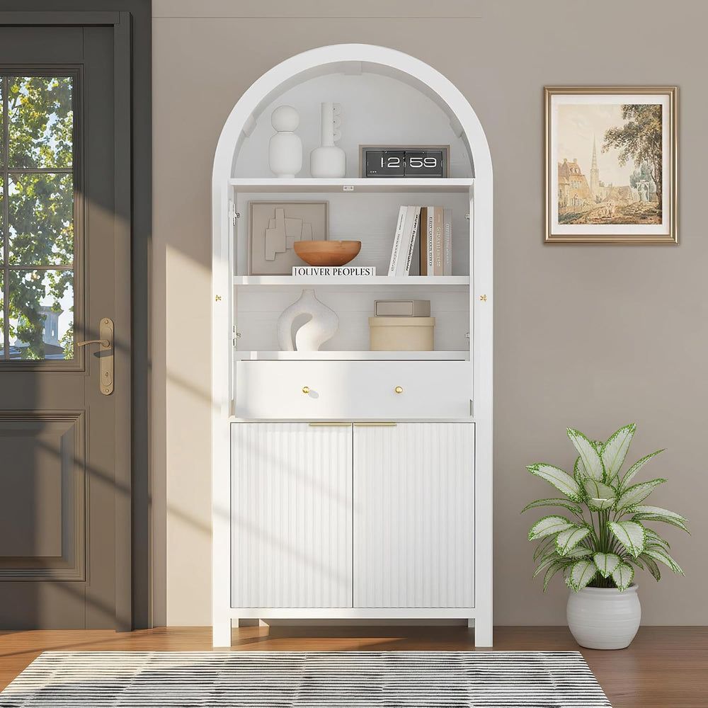 roomfitters 71" Tall Arched Pantry Cabinet with Fluted Glass Doors &...
