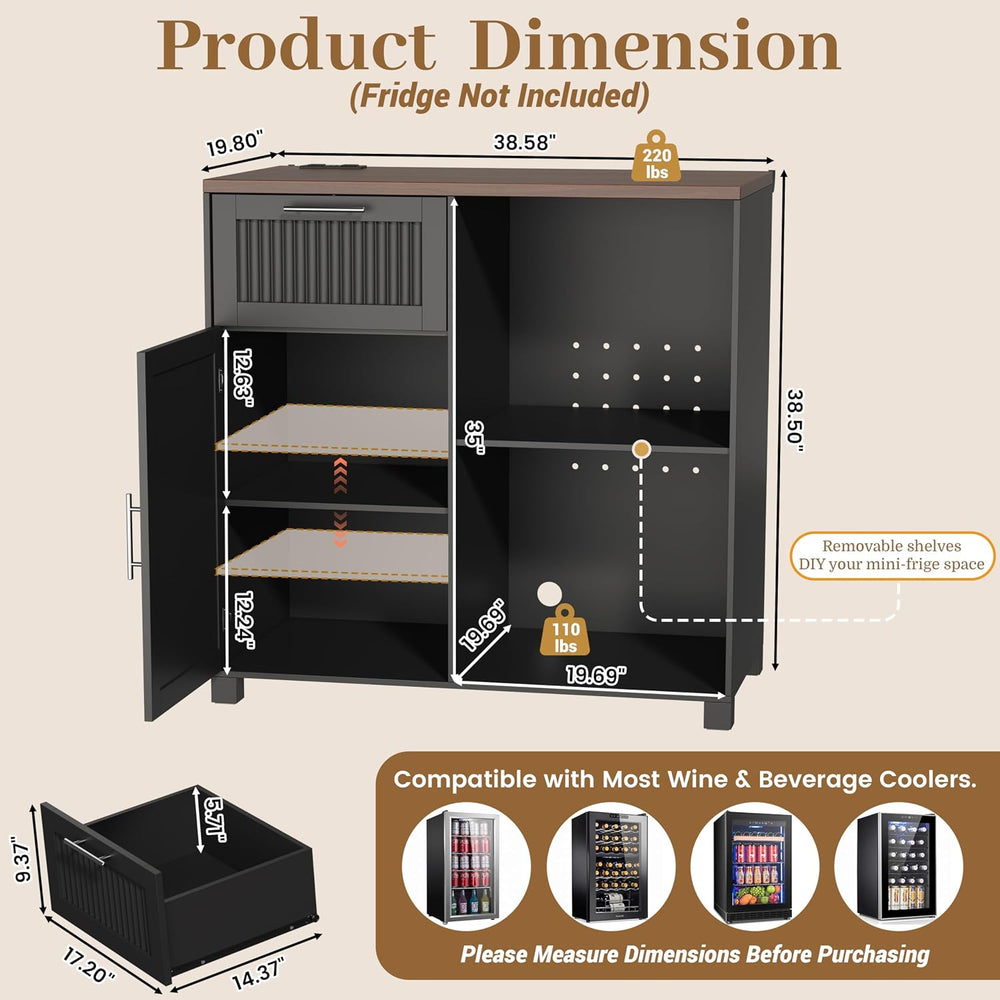 38.6" Long Fluted Mini Fridge Cabinet with Power Outlet & Drawer, Black