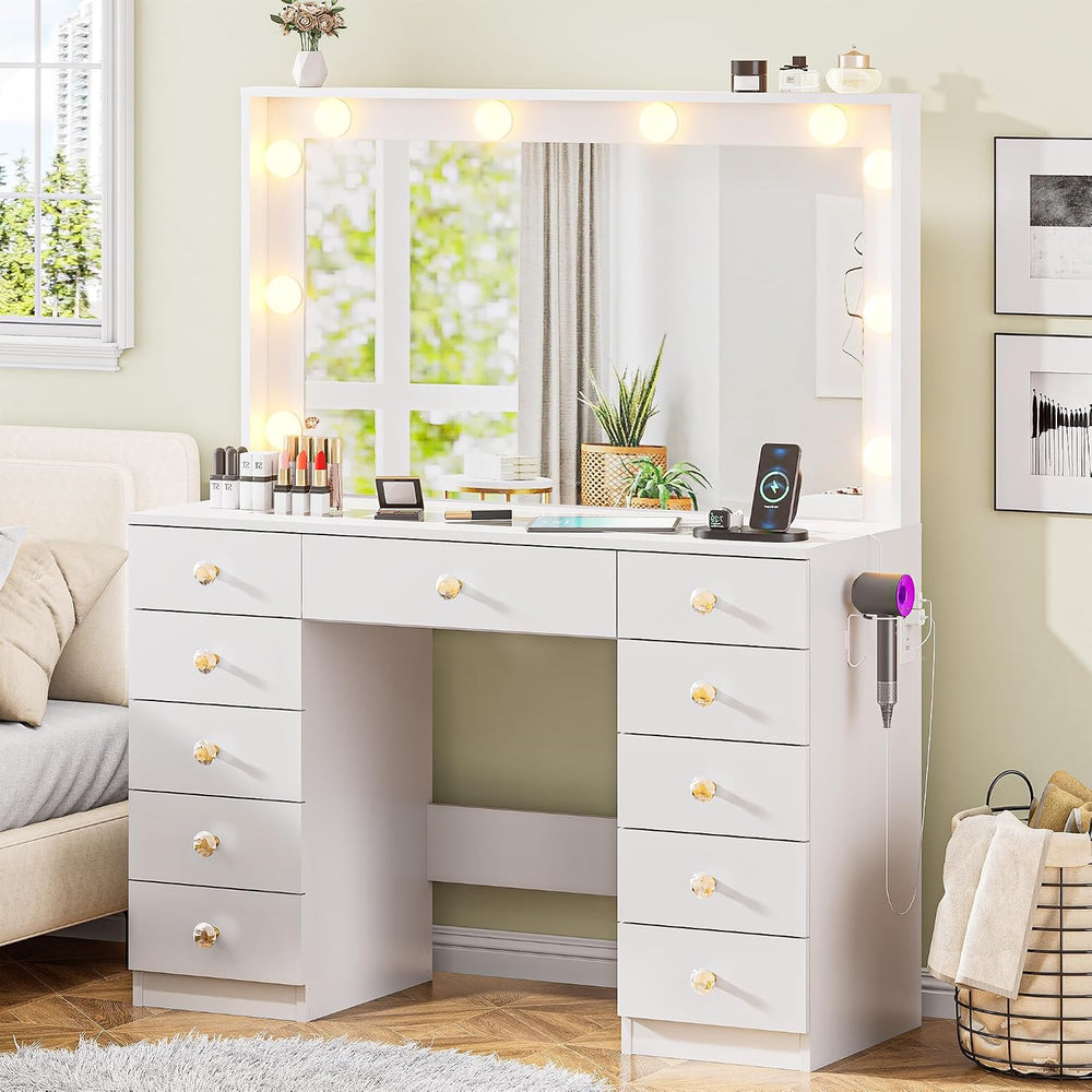 DINGIPP Vanity with Large Mirror and 10 LED Lights, Vanity Desk with Glasstop...