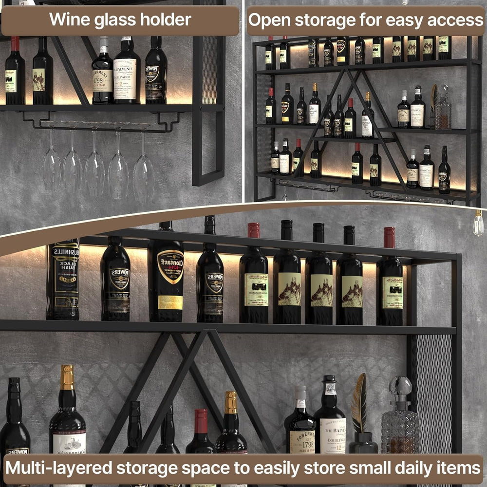 47" Wall Bar Shelves with LED, Wall Mounted Liquor Shelf & Glass Holder