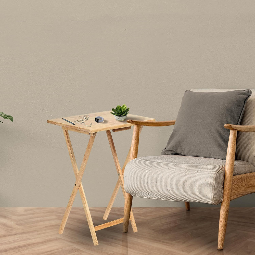 PJ Wood - 5-Pack Folding TV Tray Tables - Wooden Set with Storage Rack | Soli...