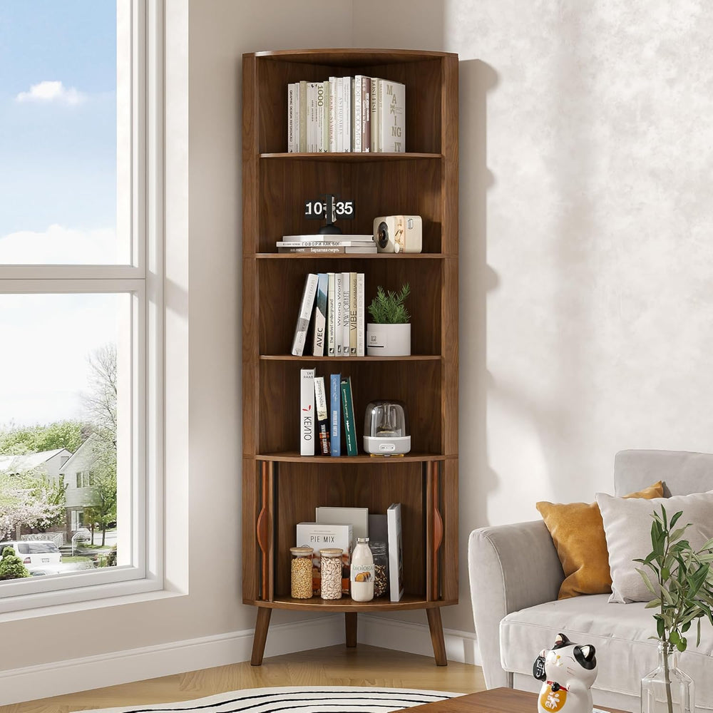 66'' Tall Corner Bookshelf with 2 Fluted Sliding Doors,Walnut