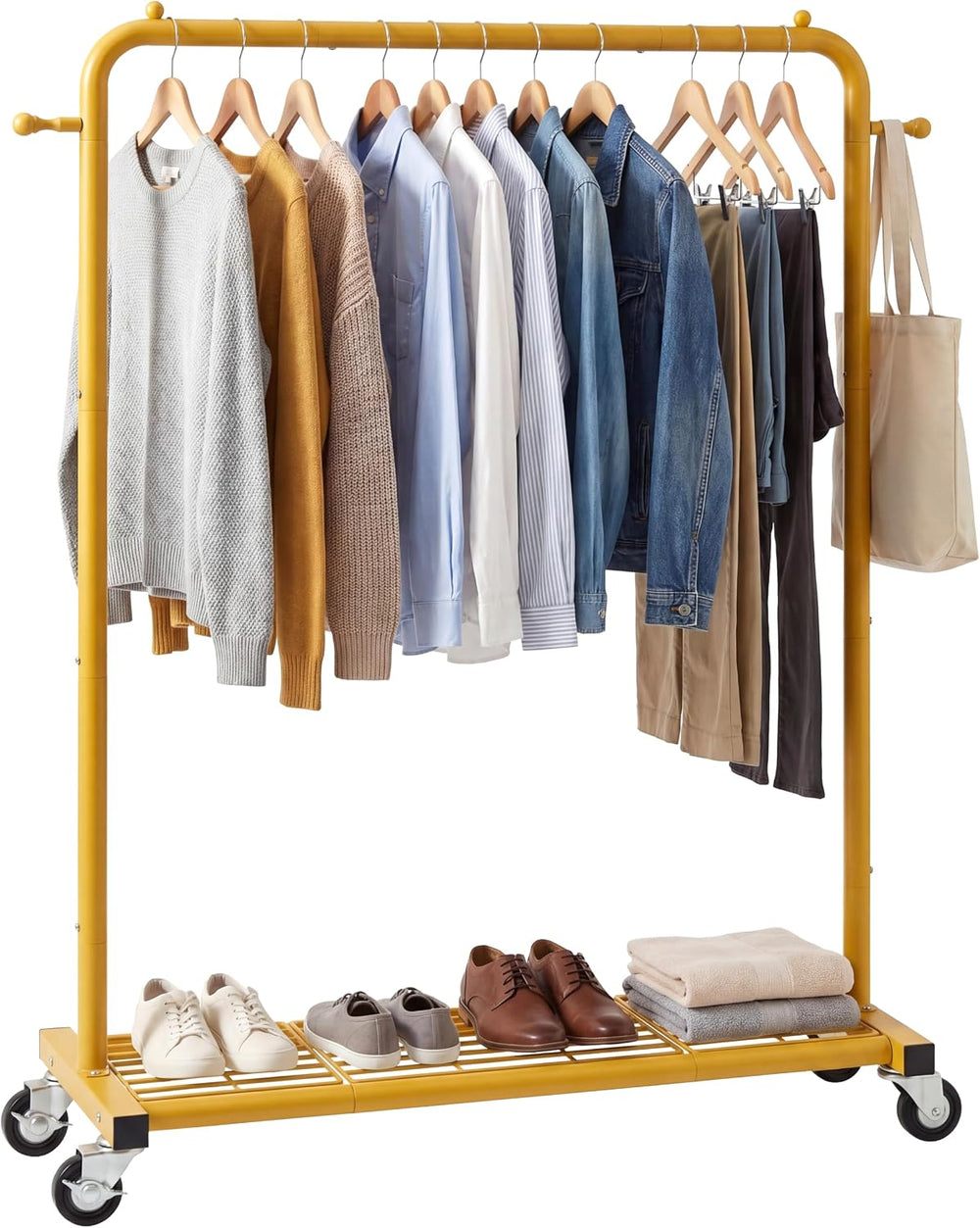 Sywhitta Metal Garment Clothing Rack on Wheels with Mesh Shelf,Gold Yellow