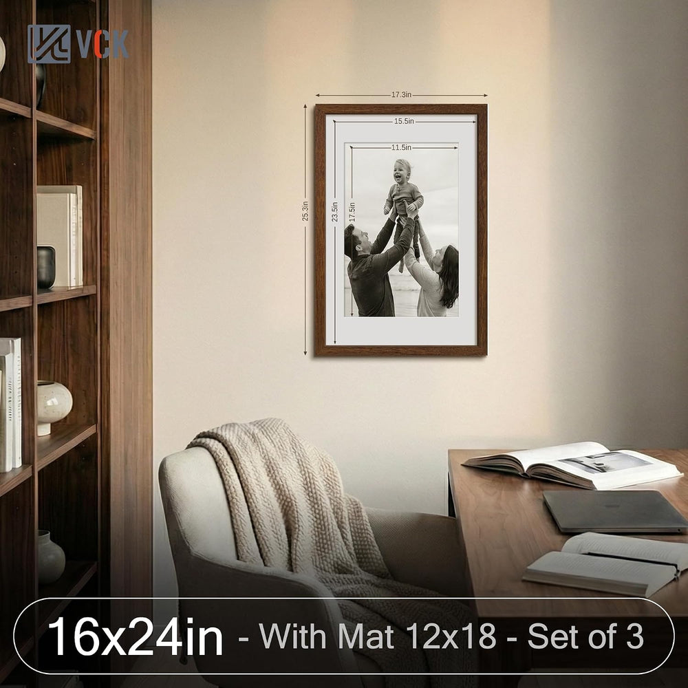 VCK 16x24 Frame 3 Pack, Brown Wood, 12x18 Mat, for Picture Print