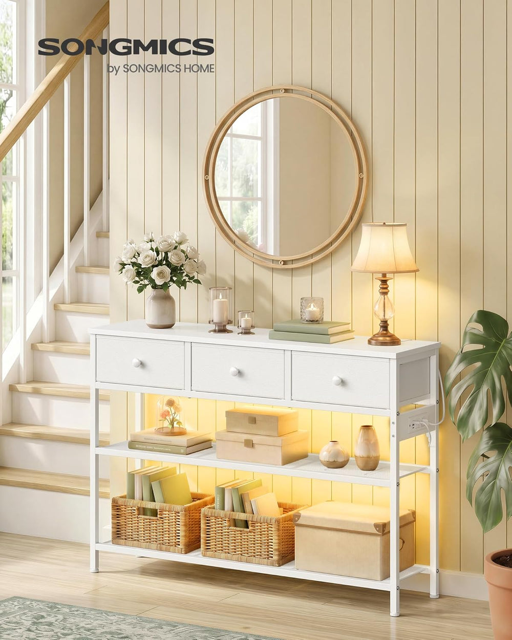 SONGMICS Console Table with Charging Station, Narrow Sofa Table with LED Ligh...