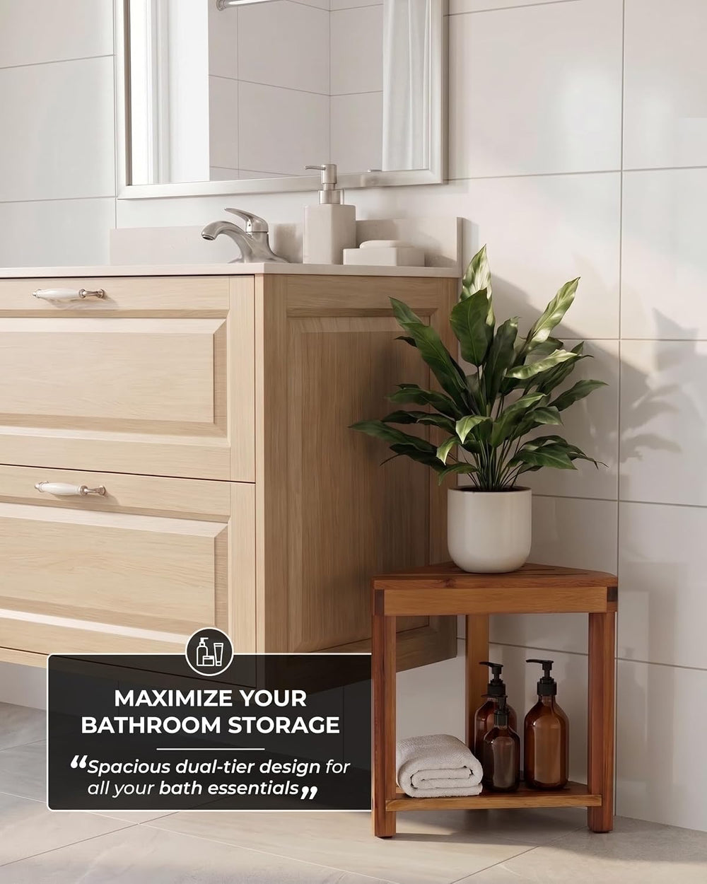 BLUEWEST 16.4 in Corner Shower Stool for Shaving Legs with Storage Shelf