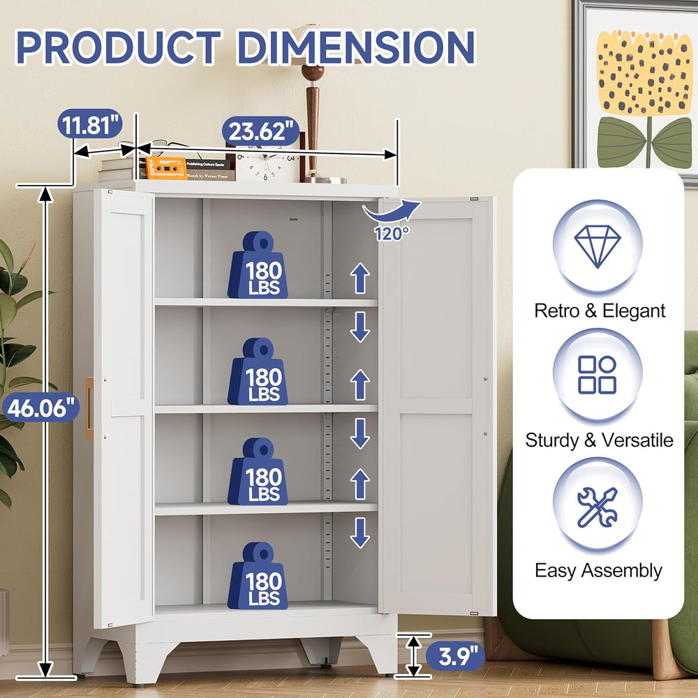 46.06" White Metal Storage Cabinet, 2 Door Adjustable Shelves Freestandi...
