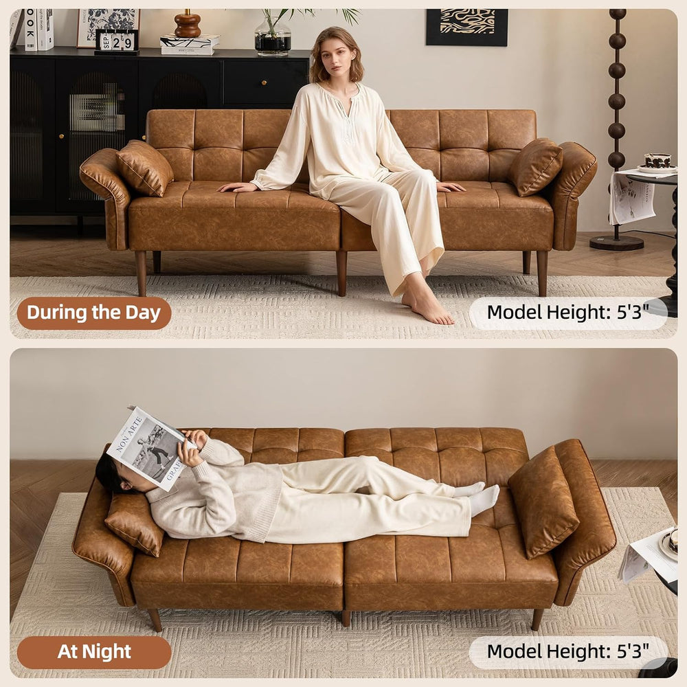 HALLYBEE 85" Futon Faux Leather Couch with Adjustable Armrests Brown | F...