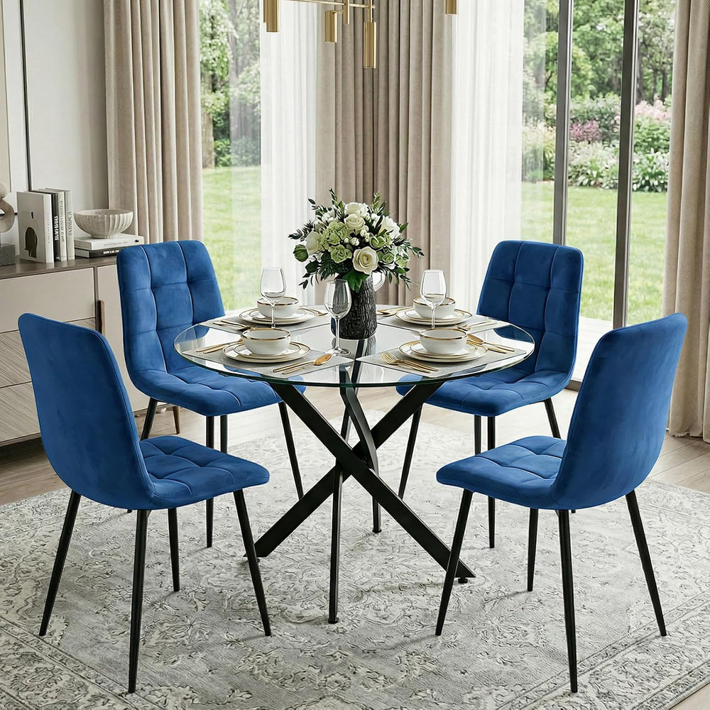 Dining Table Set for 4, Round Glass Kitchen Table with 4 Blue Highback Tufted...