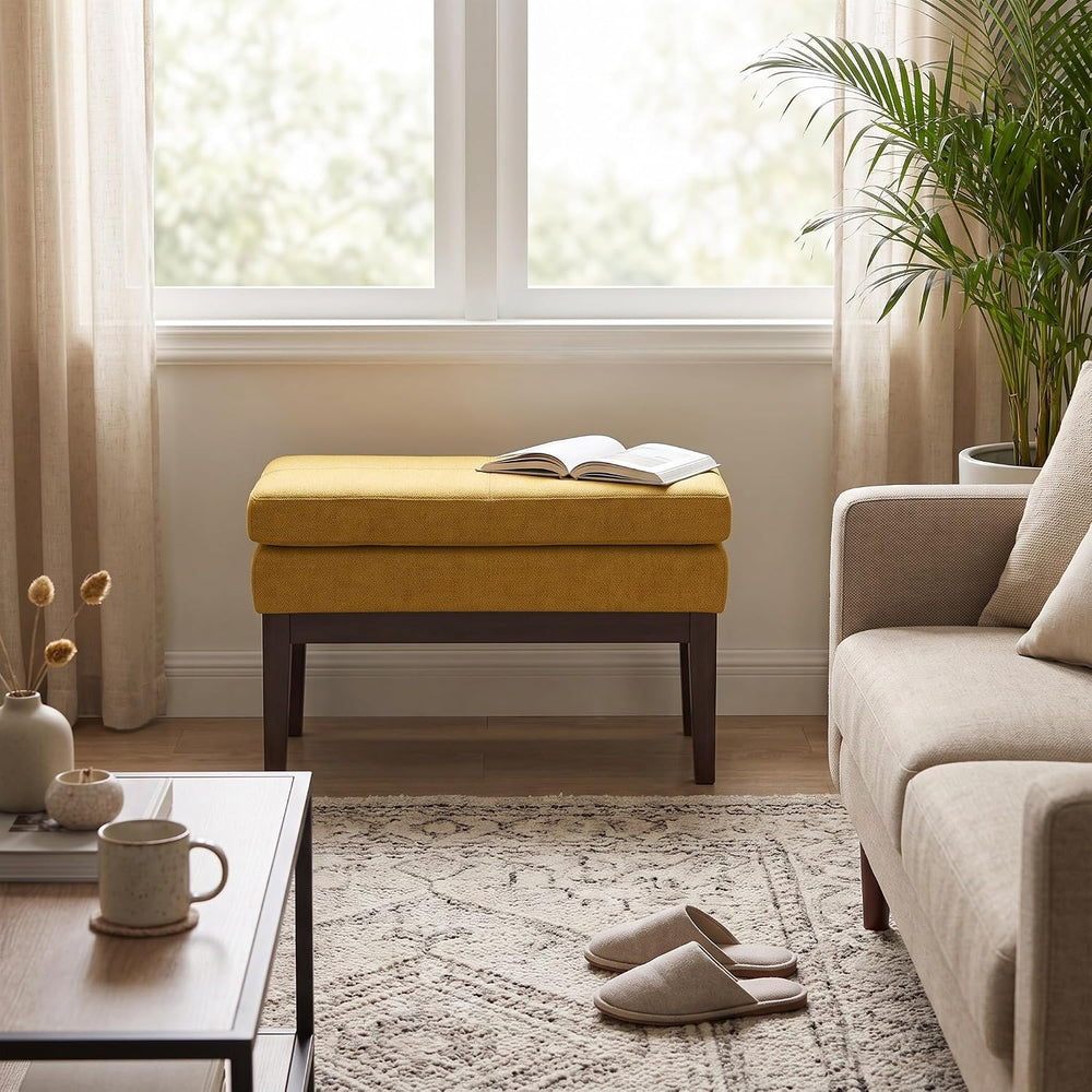 SIMPLIHOME Carlson 27" Wide Woven Fabric Rectangle Ottoman in Marigold