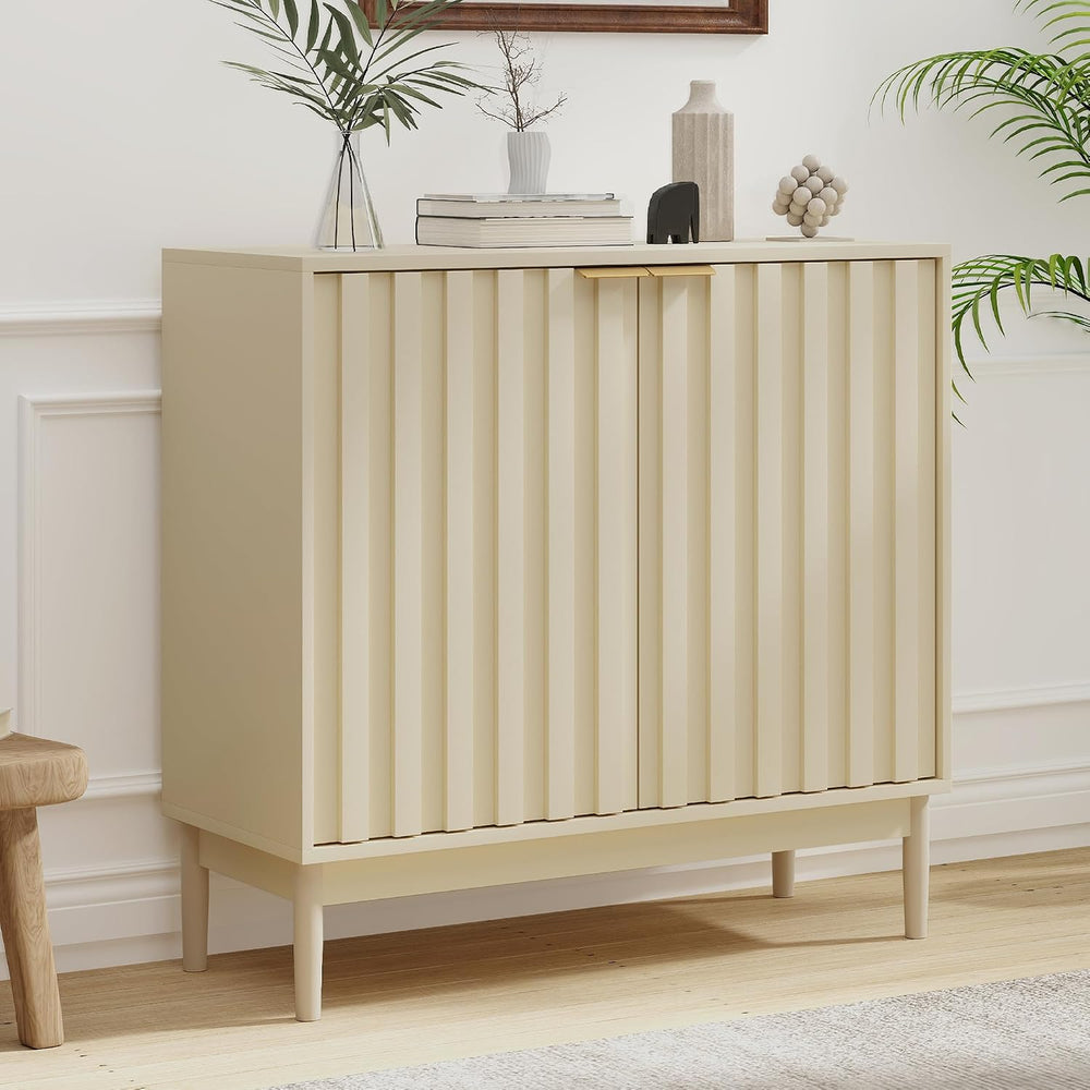 Fluted Buffet Cabinet with Storage, Small Accent Cabinets, Beige