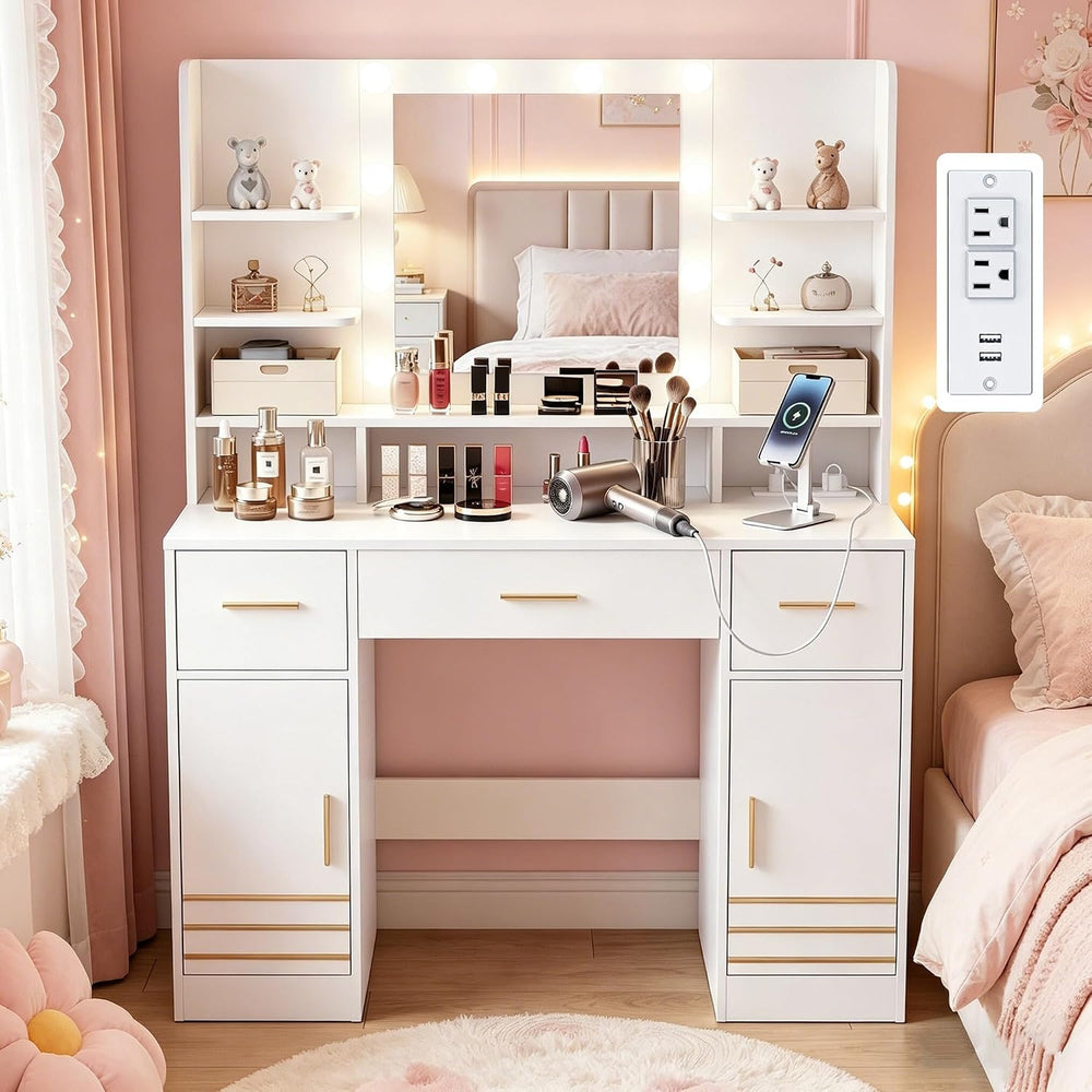 42" W Vanity Desk with Power Outlet Mirror and LED Lights Large Heavy Du...
