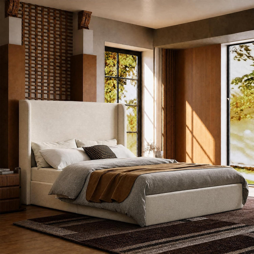 Queen Platform Bed, Tall Wingback Chenille Headboard, Sturdy Wood Slats Silen...