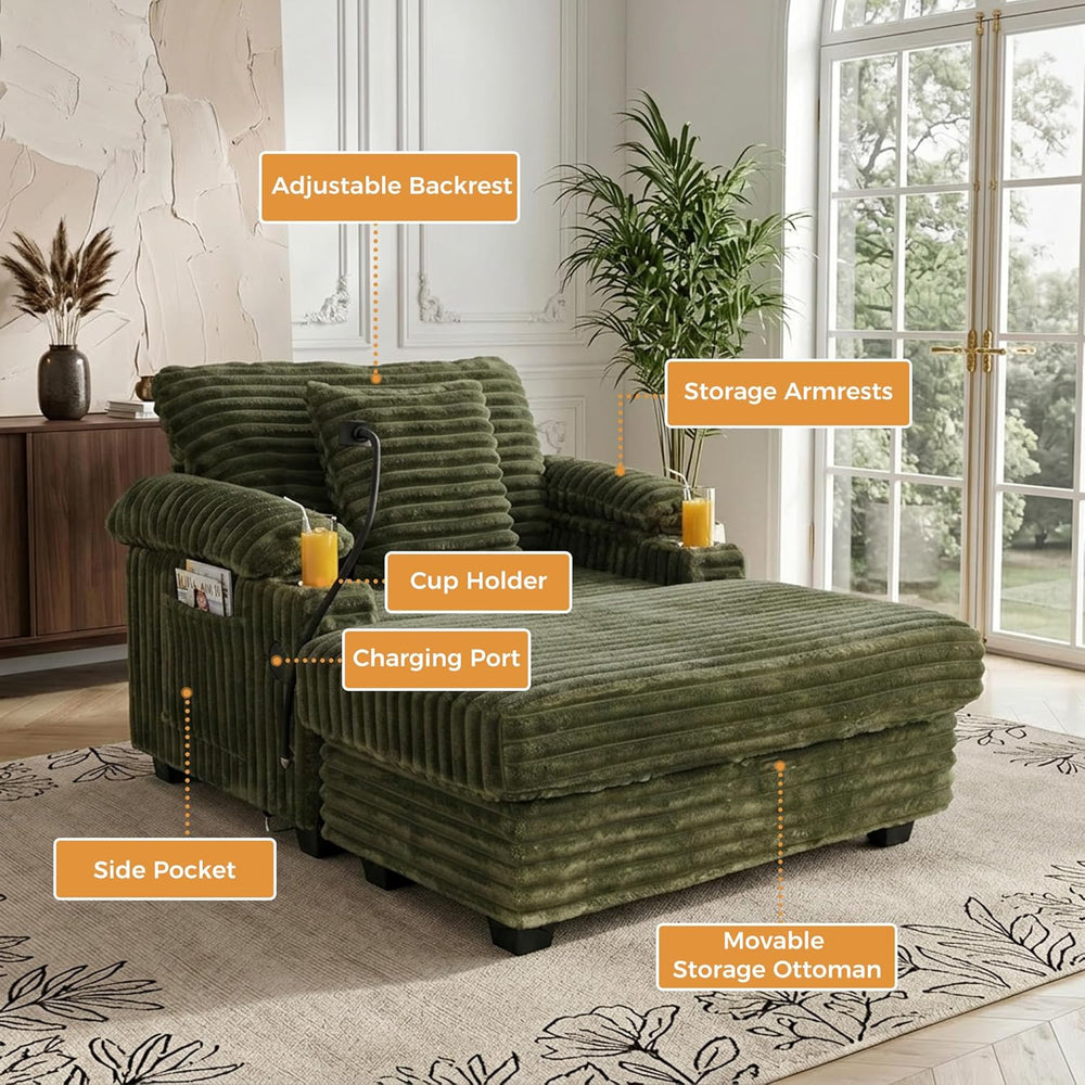 Oversized Chaise Lounge Chair with Adjustable Backrest, Movable Storage Ottom...