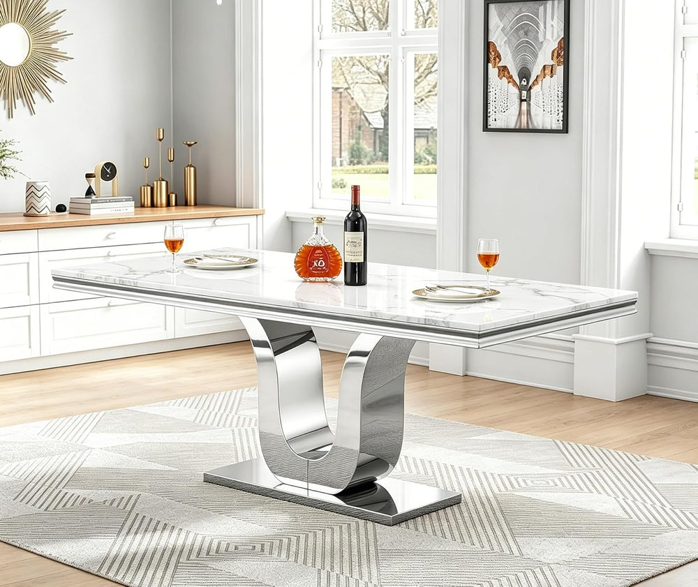 Modern White Dining Table for 6, U-Shape Stainless Steel Base, Marble Dining ...