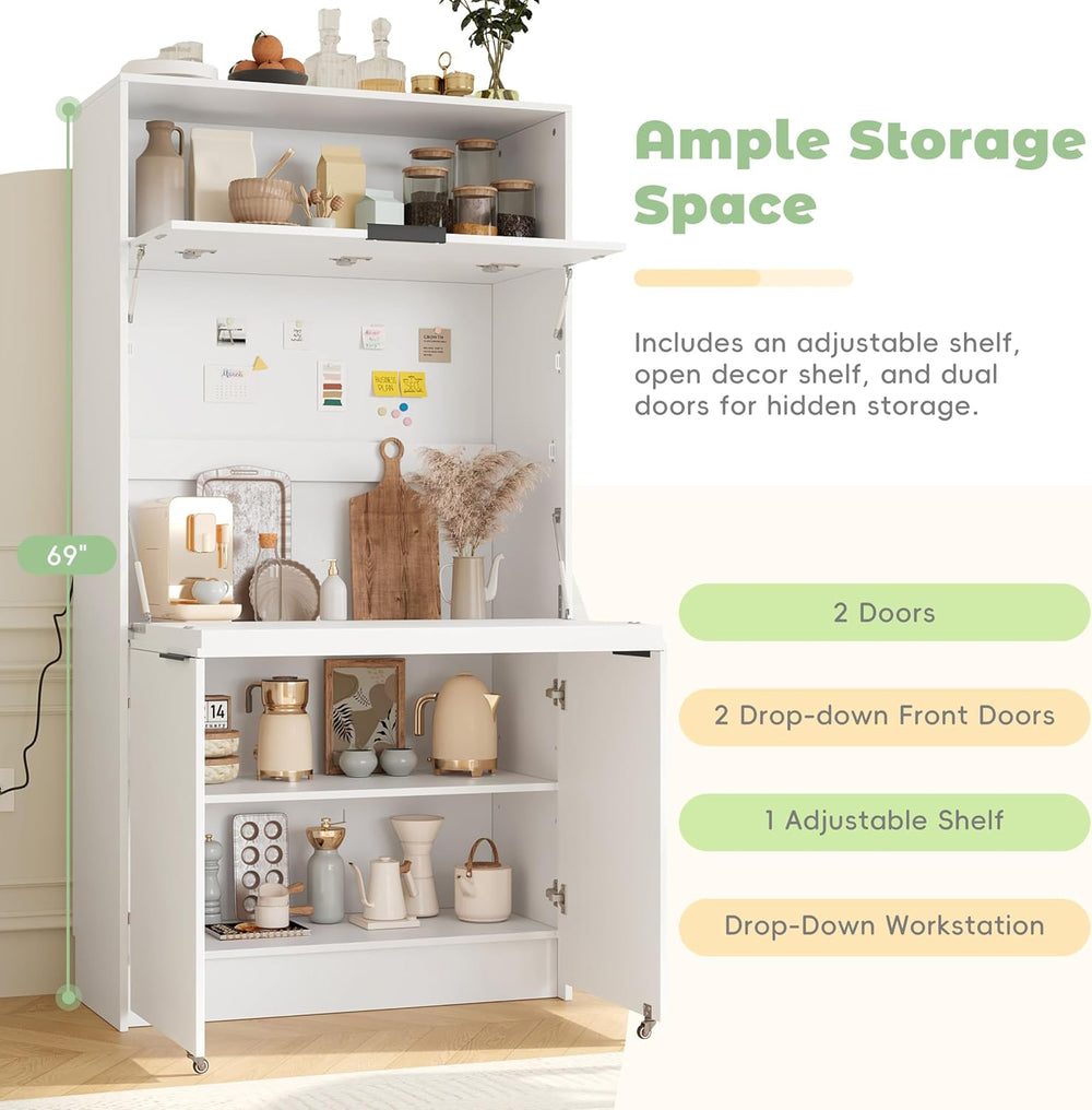 RuiSiSi 69" Kitchen Pantry Buffet with Hutch and and Foldable Workstatio...