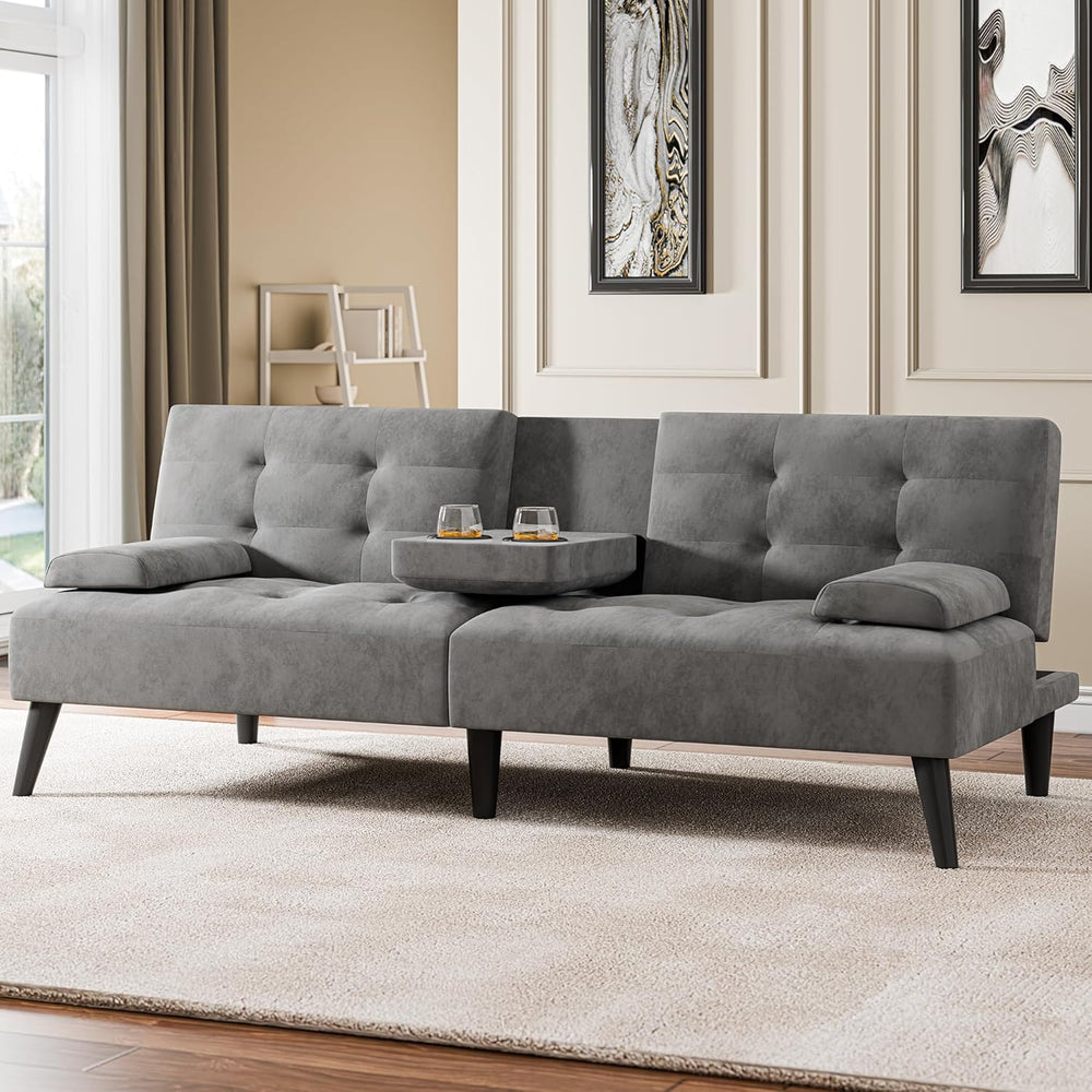 64" Futon Sofa Bed, Convertible Loveseat with 2 Cup Holders, Small Couch...