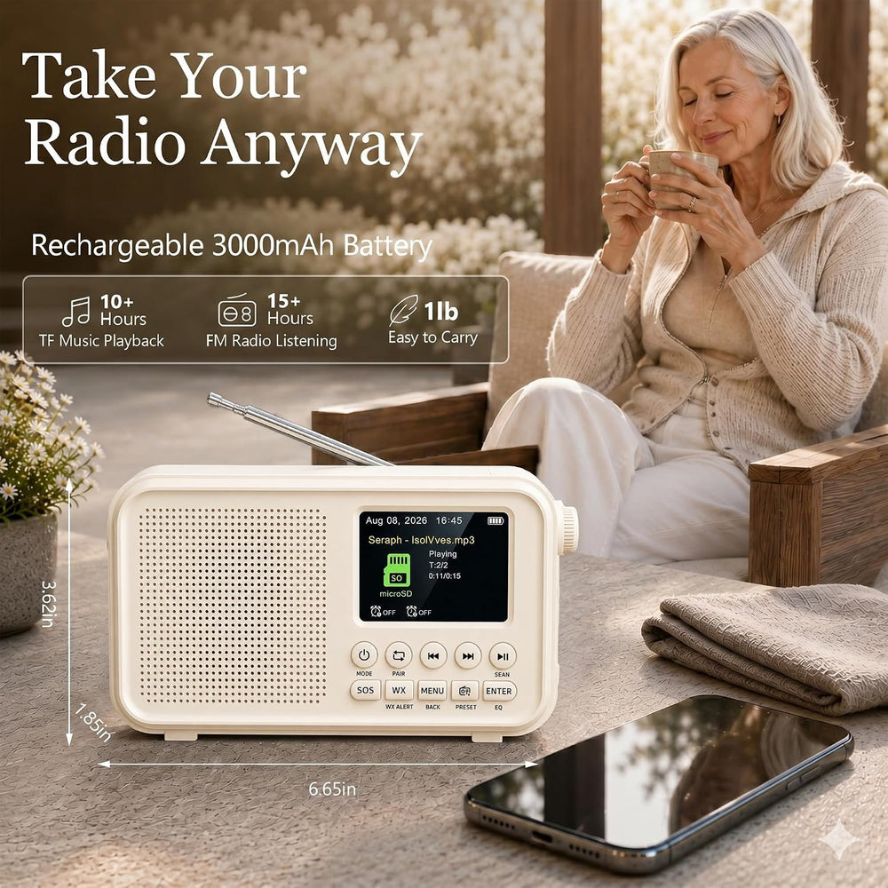 FM Radio with Bluetooth, NOAA Weather Band, 2.4" Color Screen, Rechargea...