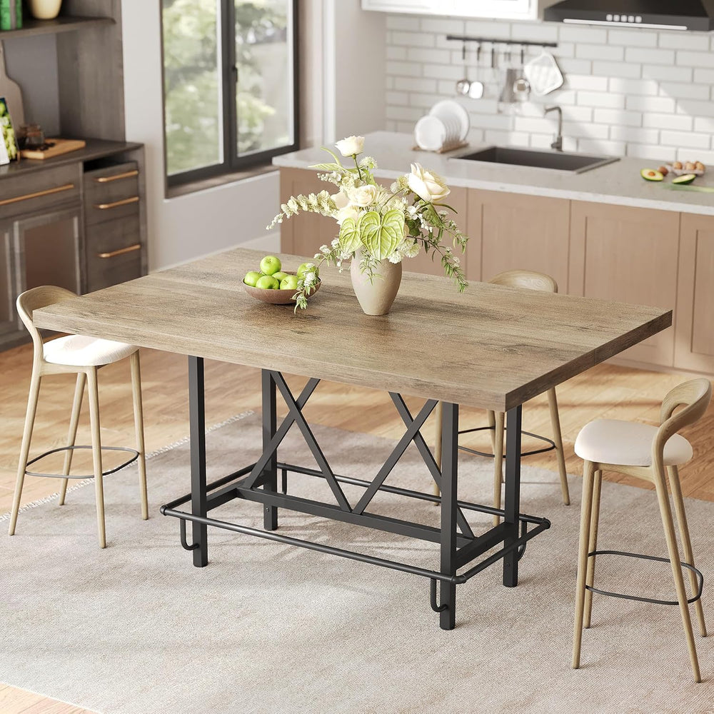 LITTLE TREE 63-Inch Industrial Bar Table with Metal Footrest, Counter Height ...