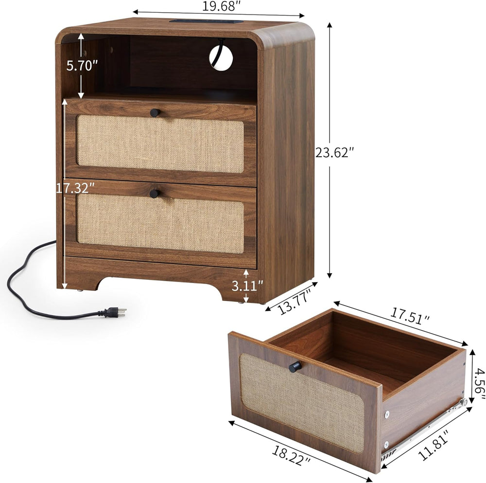 Farmhouse Nightstand with Charging Station, Night Stand with 2 Drawers, Mid-C...