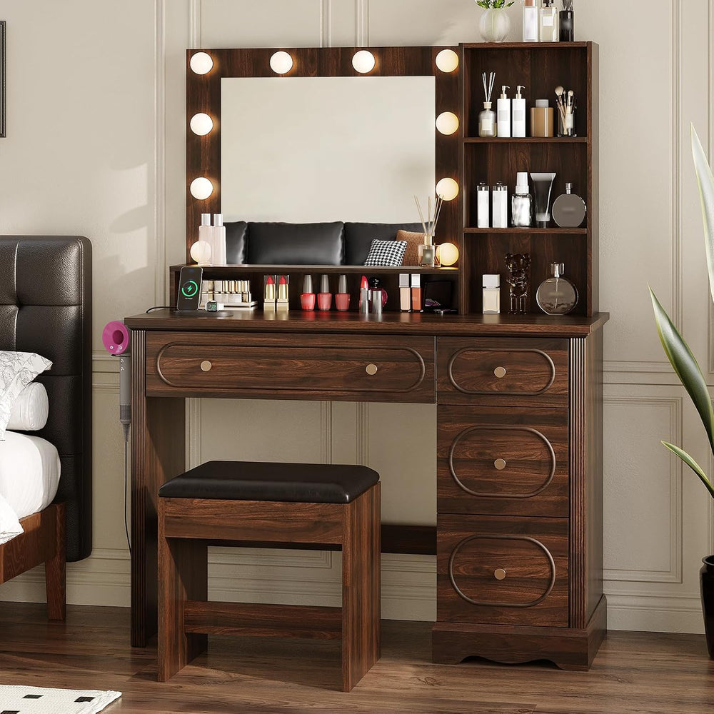 42" Walnut Brown Makeup Vanity Desk with Mirror & Lights & Charg...